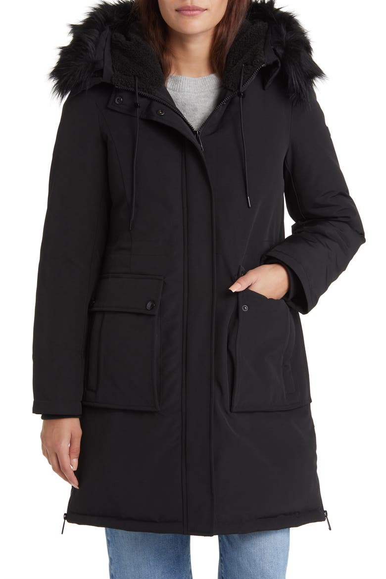 Faux Fur Trim Parka, Main, color, BLACK