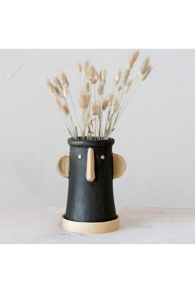 Stoneware Face Planter with Saucer, Matte Black and Cream, Alternate, color, Black