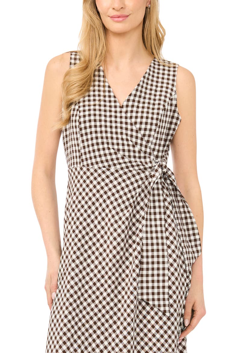 Gingham Sleeveless Faux Wrap Dress, Alternate, color, CHICORY COFFEE