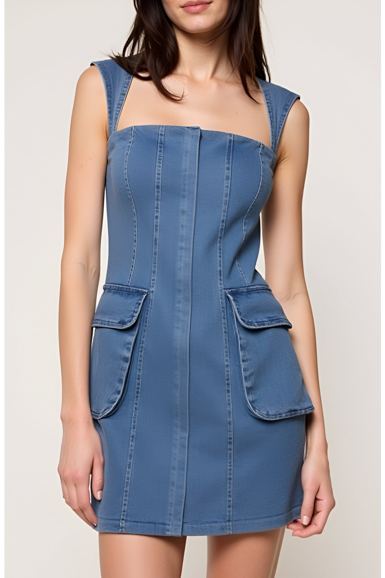 Square Neck Denim Mini Dress with Flap Patch Pockets, Main, color, Denim Blue