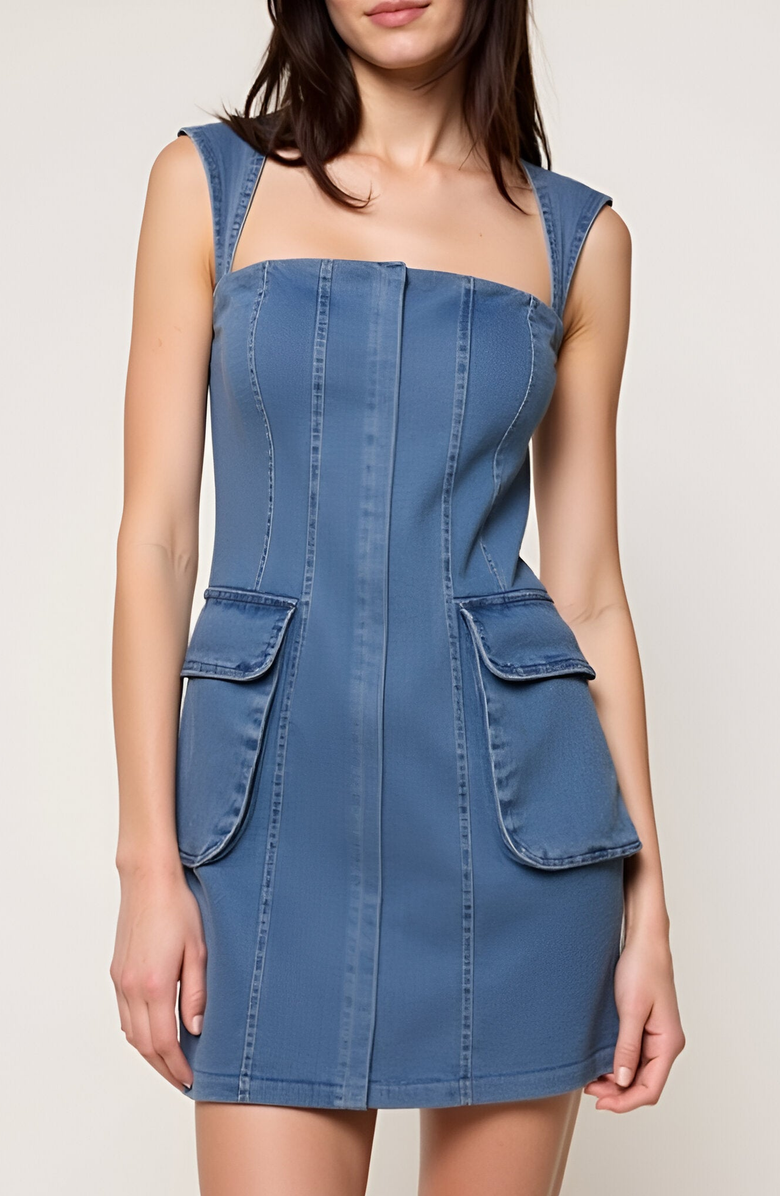 Modenaire Square Neck Denim Mini Dress with Flap Patch Pockets, Main, color, Denim Blue