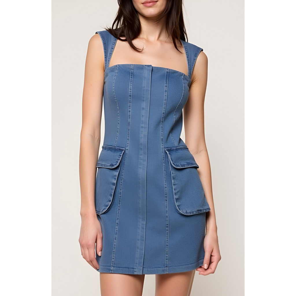 Modenaire Square Neck Denim Mini Dress With Flap Patch Pockets In Blue