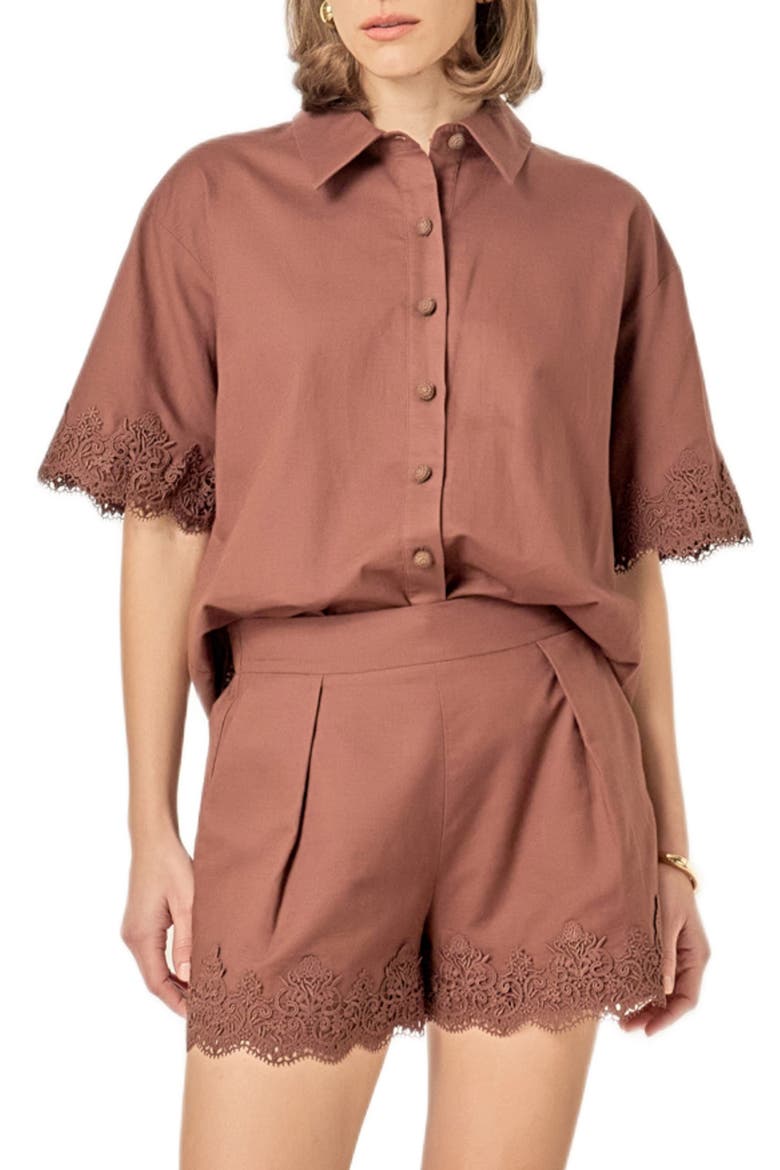 Embroidered Lace Linen Blend Shirt, Main, color, CHOCOLATE BROWN