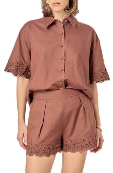 Embroidered Lace Linen Blend Shirt