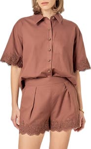 English Factory Embroidered Lace Linen Blend Shirt