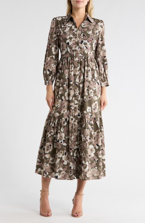 Keri Floral Long Sleeve Tiered Shirtdress
