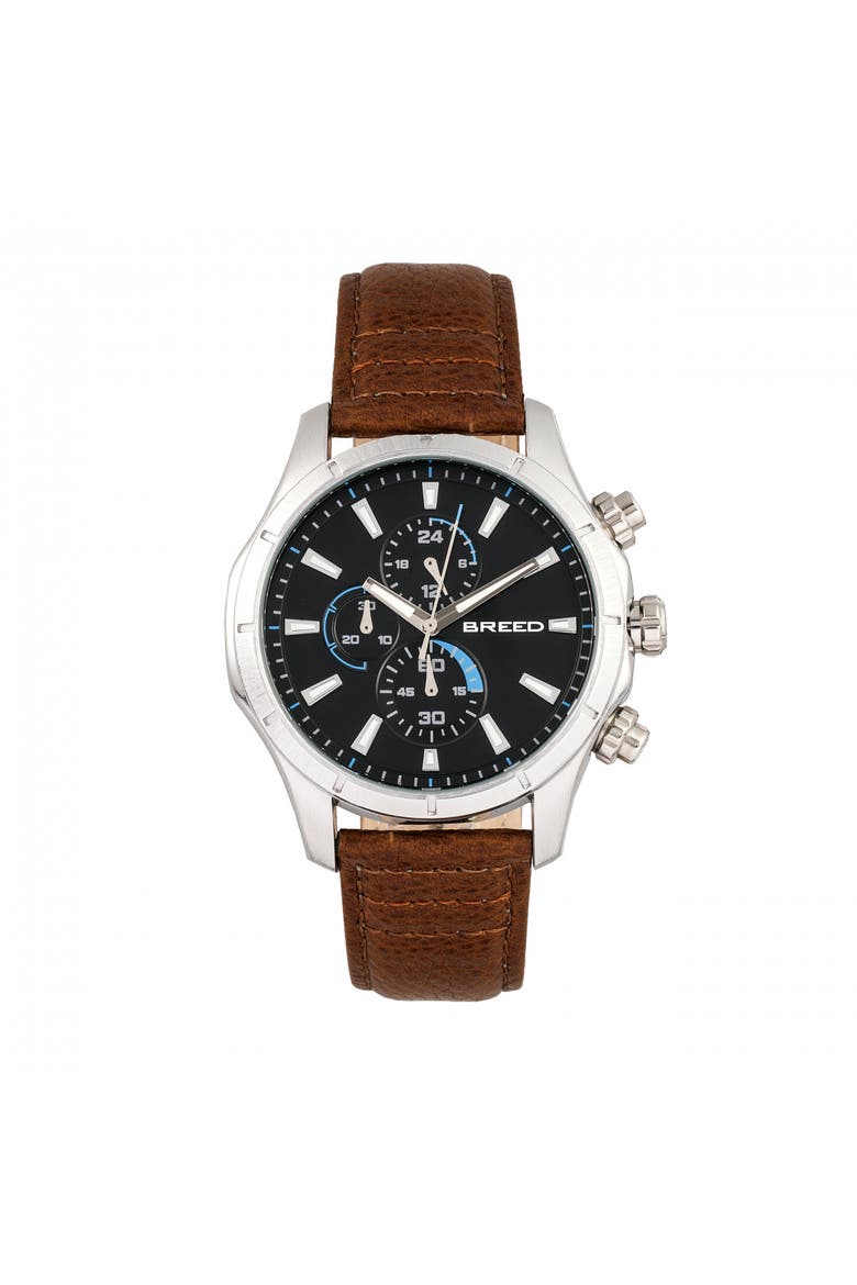 Lacroix Chronograph Leather-Band Watch, Main, color, Silver/Brown