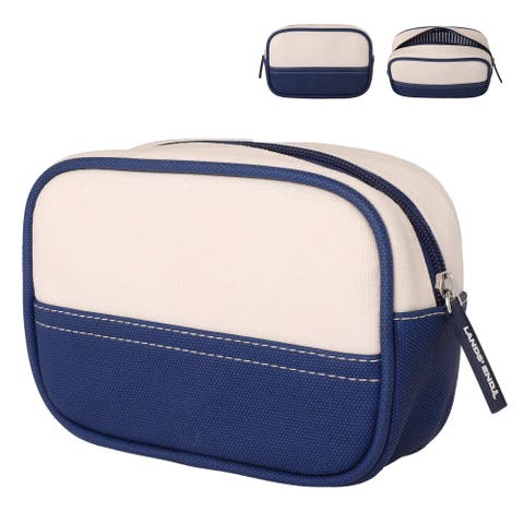 Medium Rectangular Dopp Kit for Travel, Striped Canvas Toiletry Bag with Top Zip (Navy)