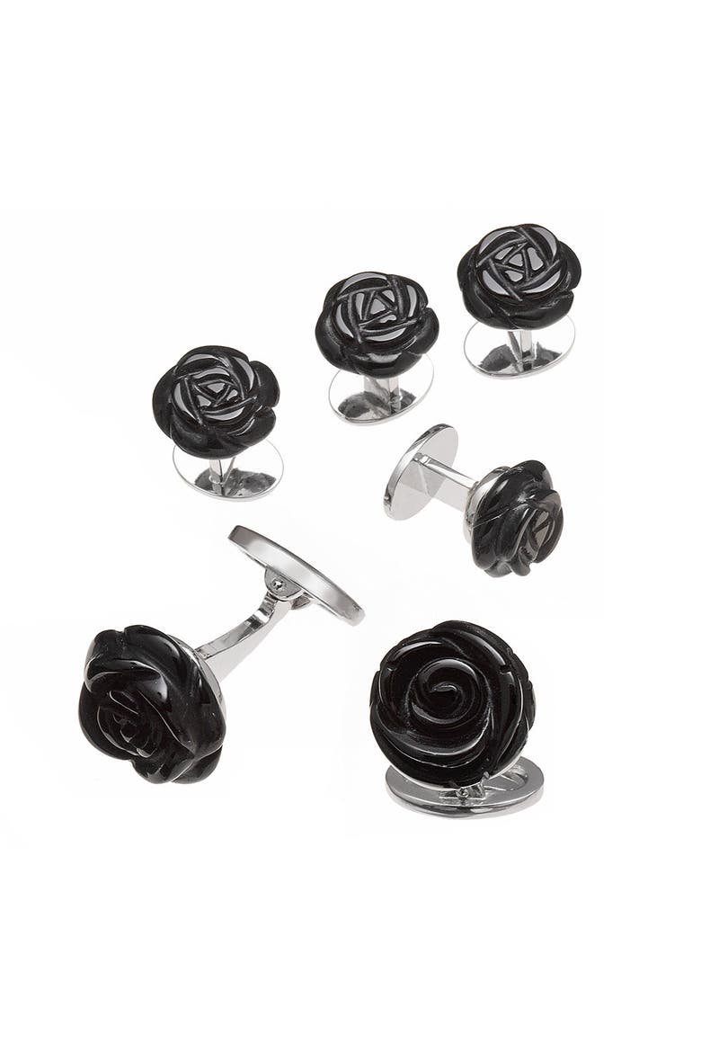 Rose Carved Sterling Cufflinks and Stud Sets, Main, color, BLACK