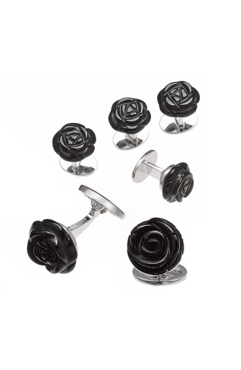 Jan Leslie Rose Carved Sterling Cufflinks and Stud Sets, Main, color, Black