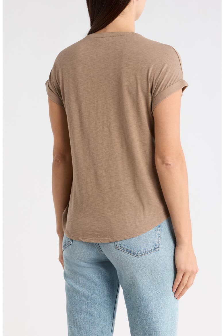Mixed Media Short Sleeve Cotton Henley Top, Alternate, color, PINE BARK