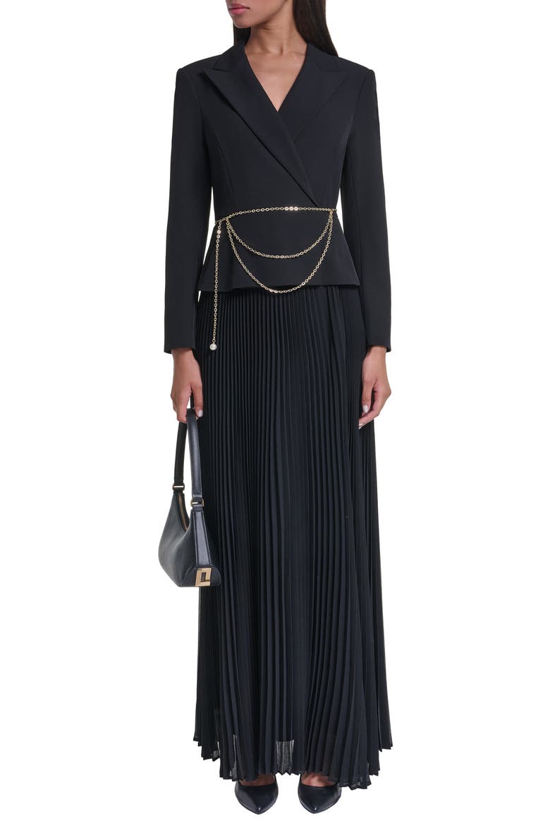 Mixed Media Pleated Gown, Main, color, BLACK