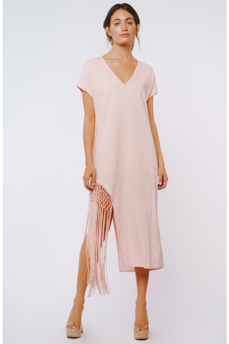 Mikella Macramé Fringe Hem Midi Dress, Alternate, color, LIGHT PINK