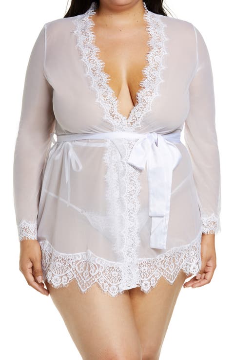 Lace Trim Mesh Robe & G-String Set (Plus)