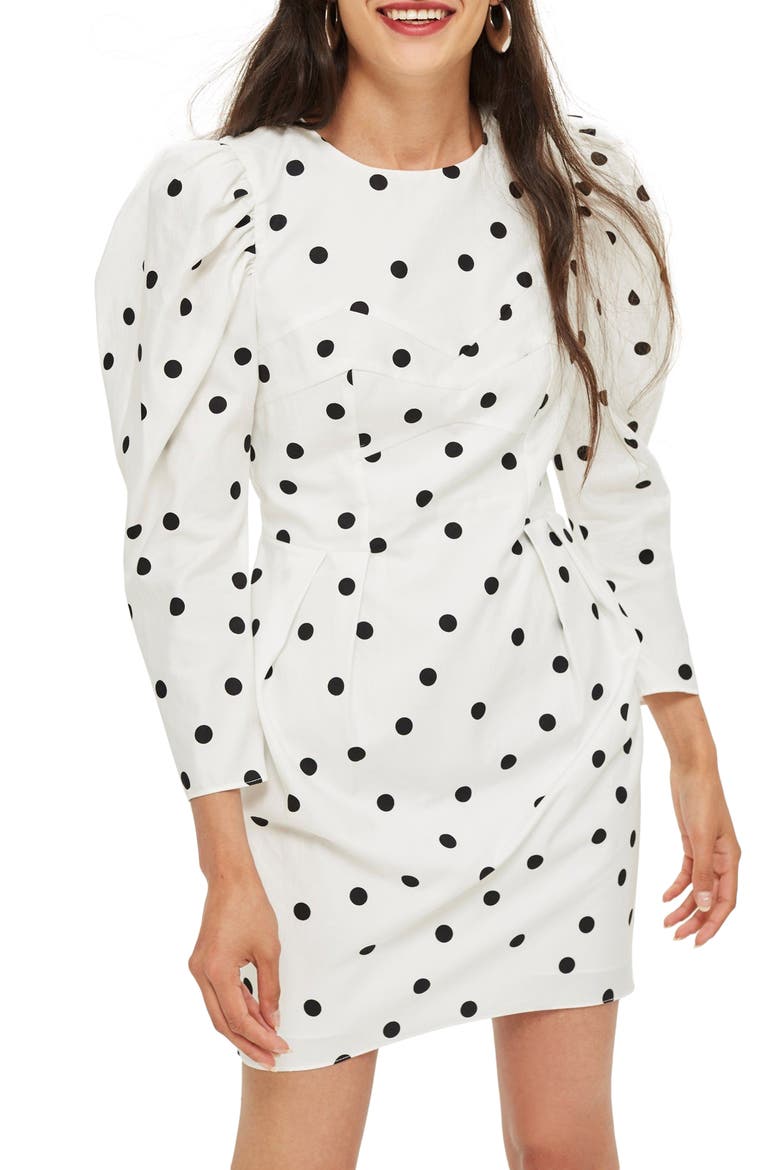 Puff Sleeve Polka Dot Minidress, Main, color, IVORY MULTI
