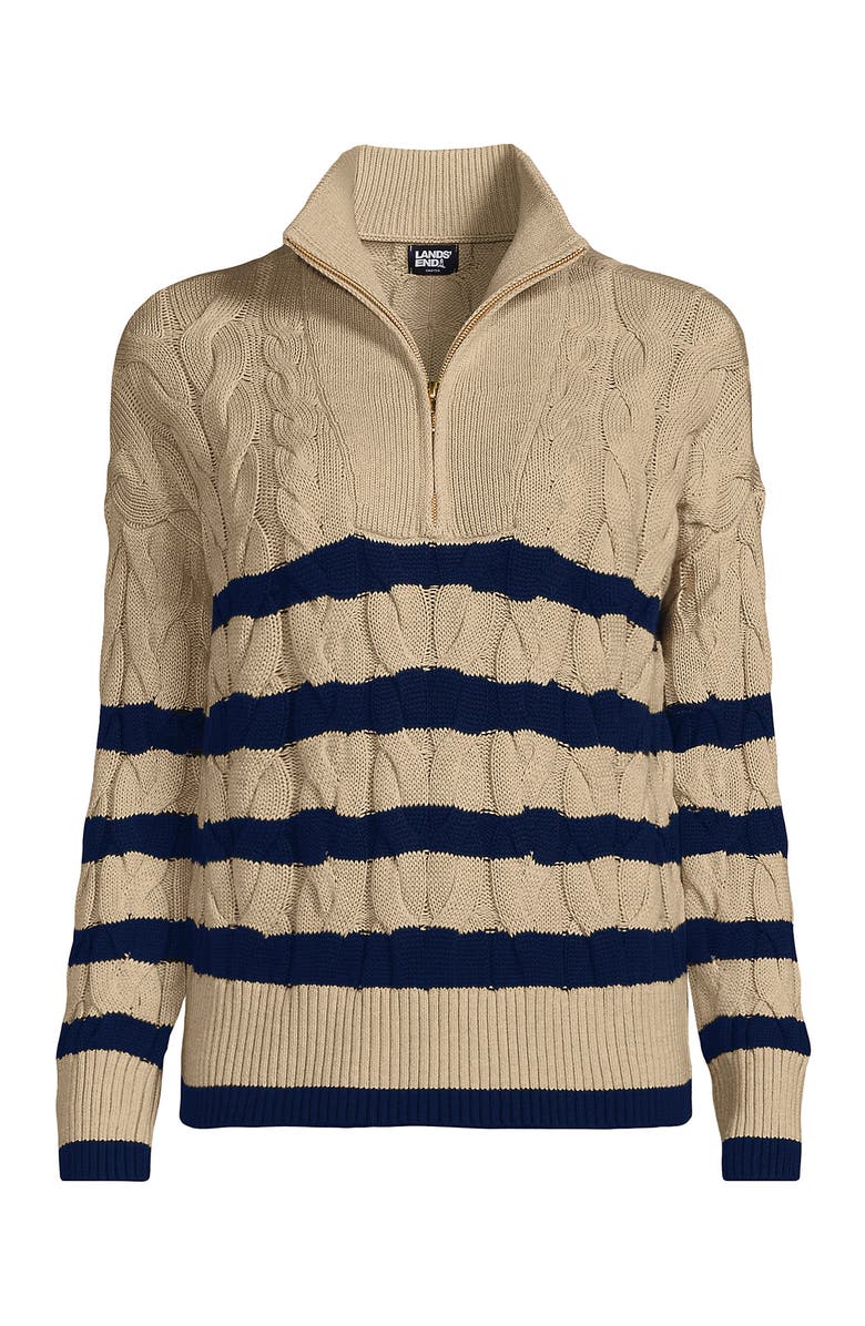 Lands' End Drifter Cotton Quarter Zip Pullover Sweater, Alternate, color, Champagne/Deep Sea Gulf Stripe