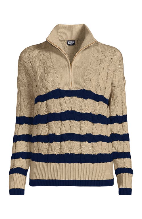 Lands' End Drifter Cotton Quarter Zip Pullover Sweater In Champagne/deep Sea Gulf Stripe