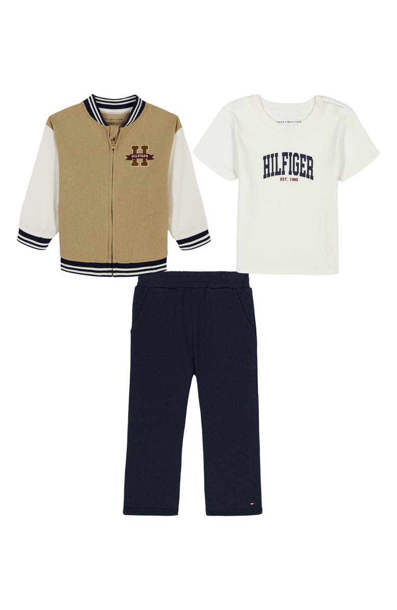 Tommy Hilfiger Varsity Jacket, Logo T-Shirt & Pants Set, Main, color, Tan