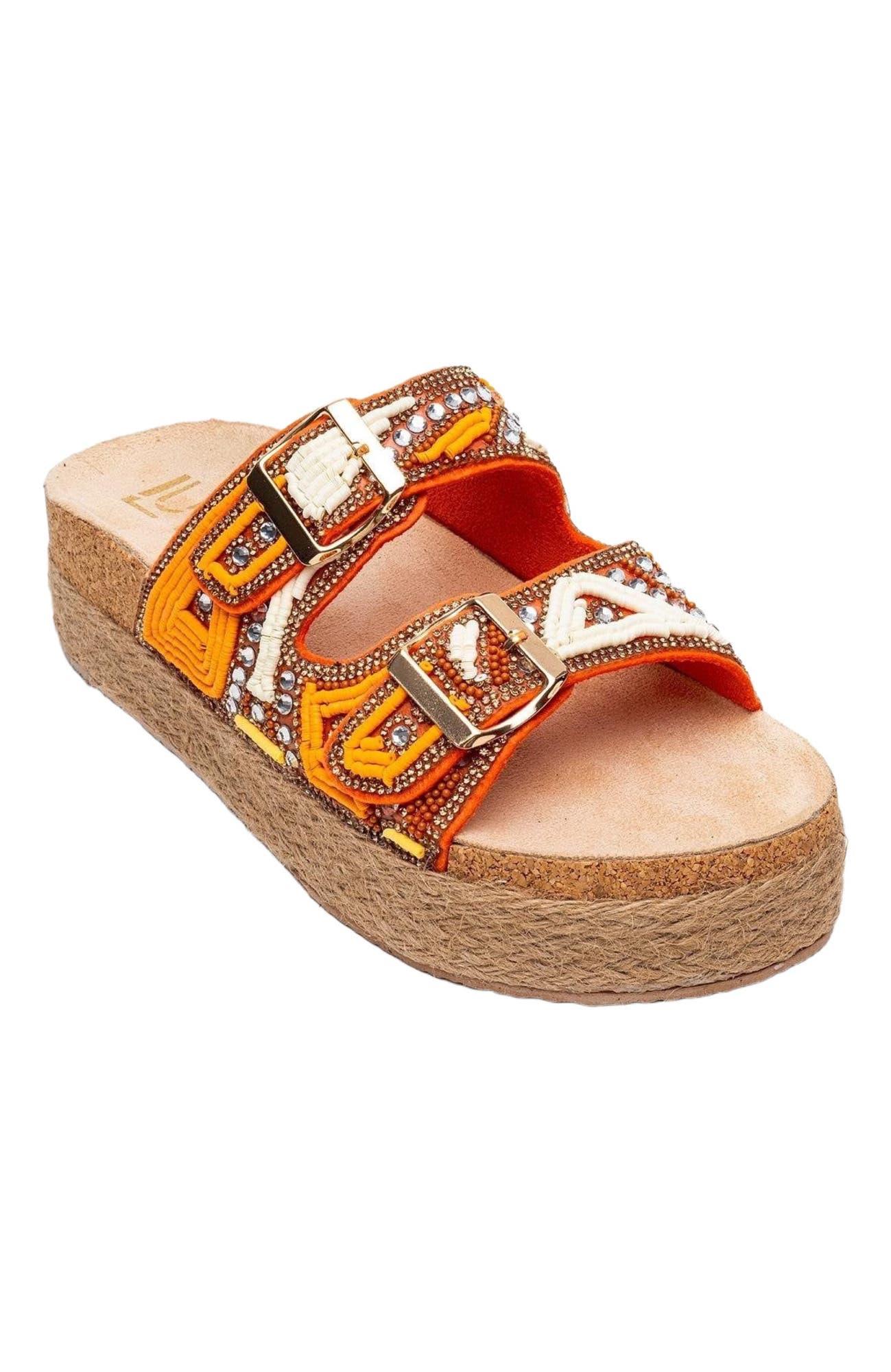 Bobby Beaded Straw Platform Slide Sandal, Alternate, color, Orange Faux Leather