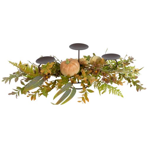 Northlight Sunflowers And Pumpkins Fall Harvest Triple Pillar Candleholder In Green