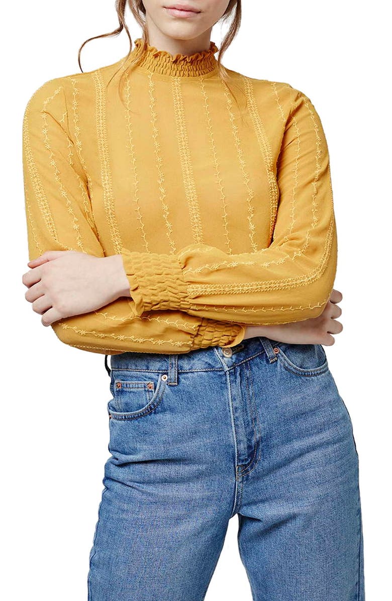 Topshop Smocked Trim Long Sleeve Top, Main, color, Mustard