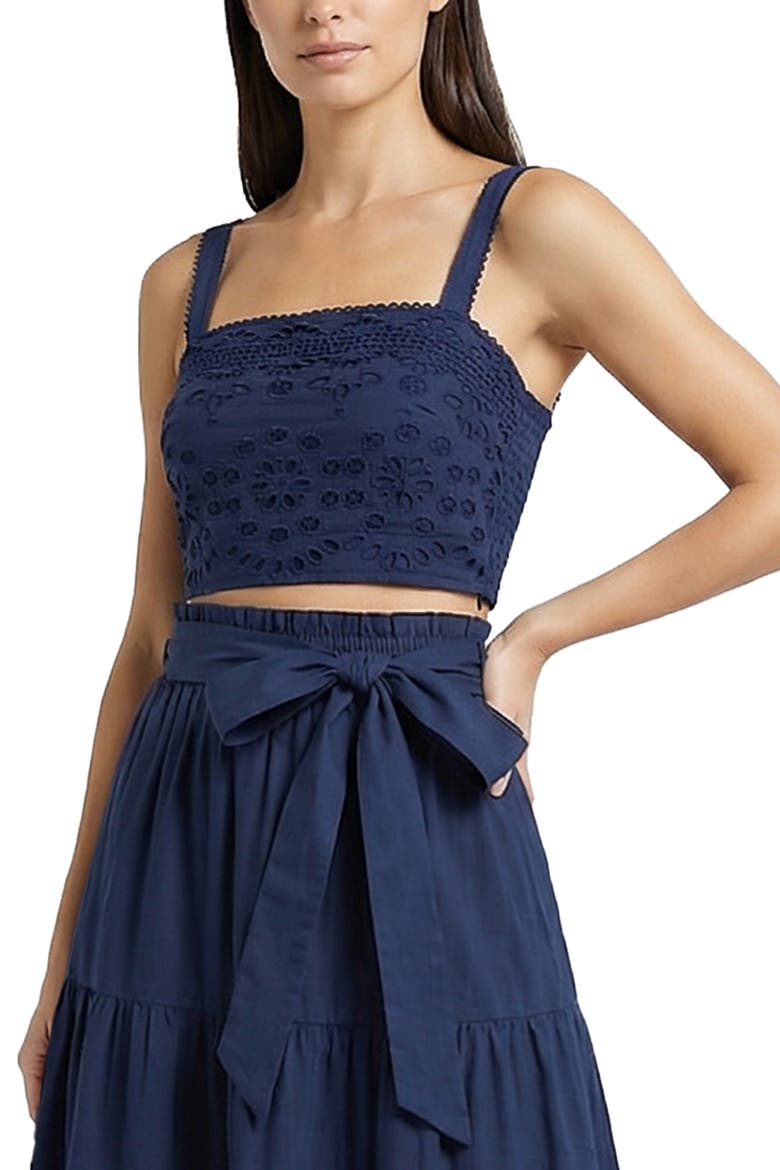 Ilyssa Eyelet Embroidered Square Neck Smocked Crop Top, Main, color, Navy Calypso Eyelet