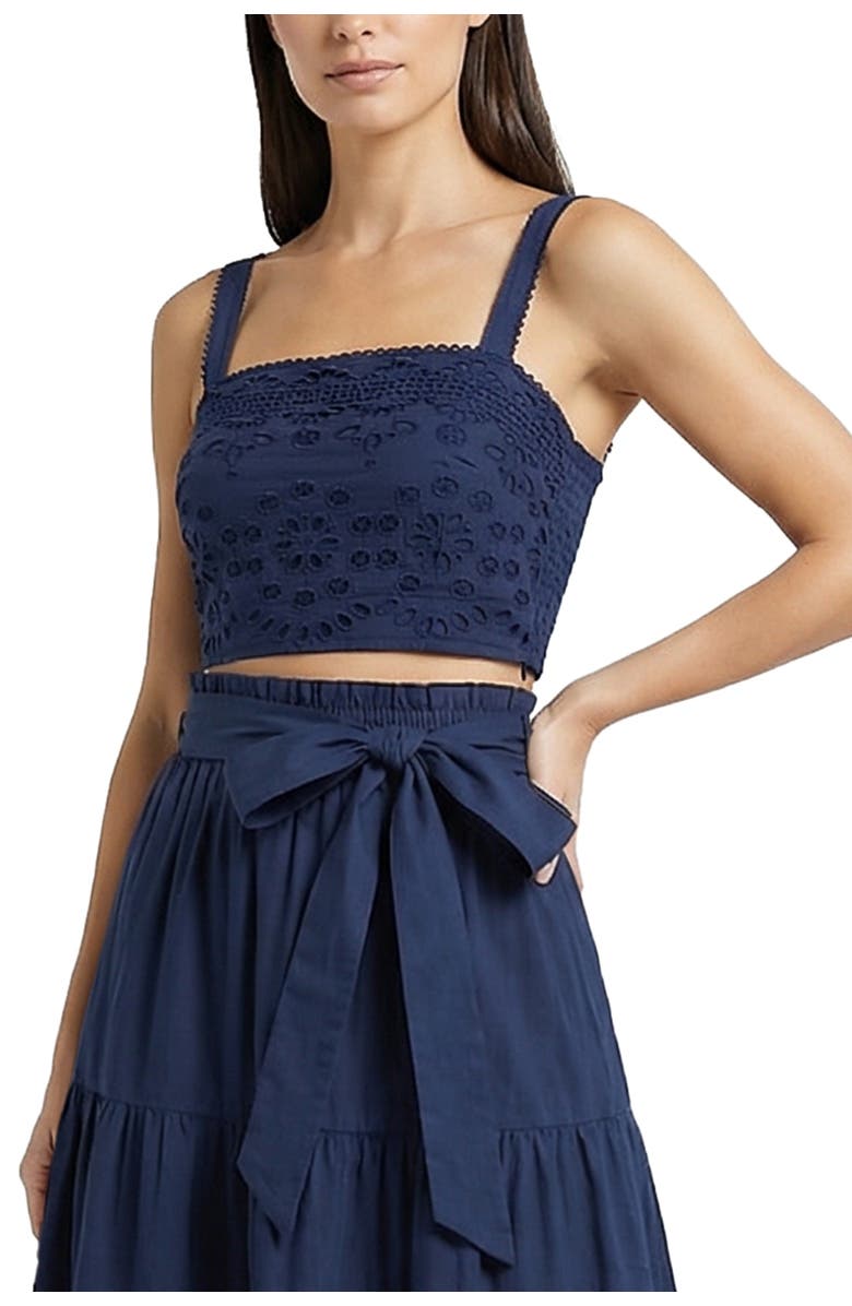 Change of Scenery Ilyssa Eyelet Embroidered Square Neck Smocked Crop Top, Main, color, Navy Calypso Eyelet