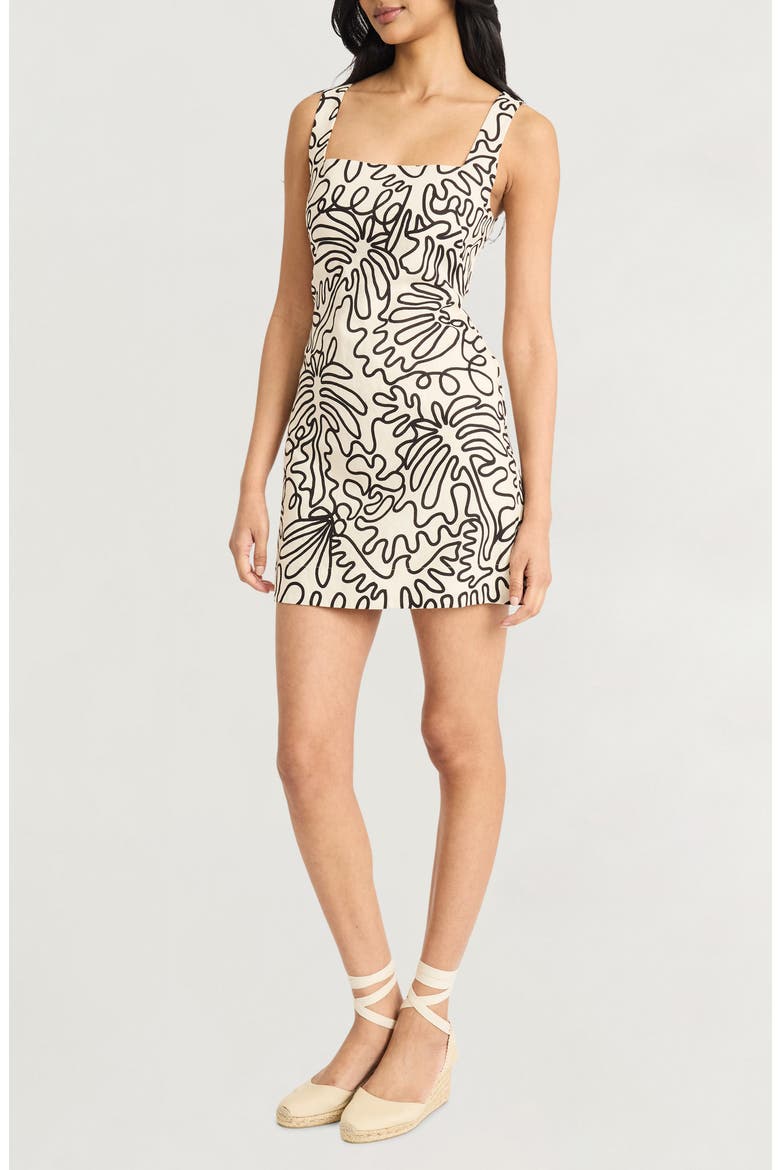 Squiggle Print Square Neck Linen Blend Minidress, Alternate, color, CREAM BLACK