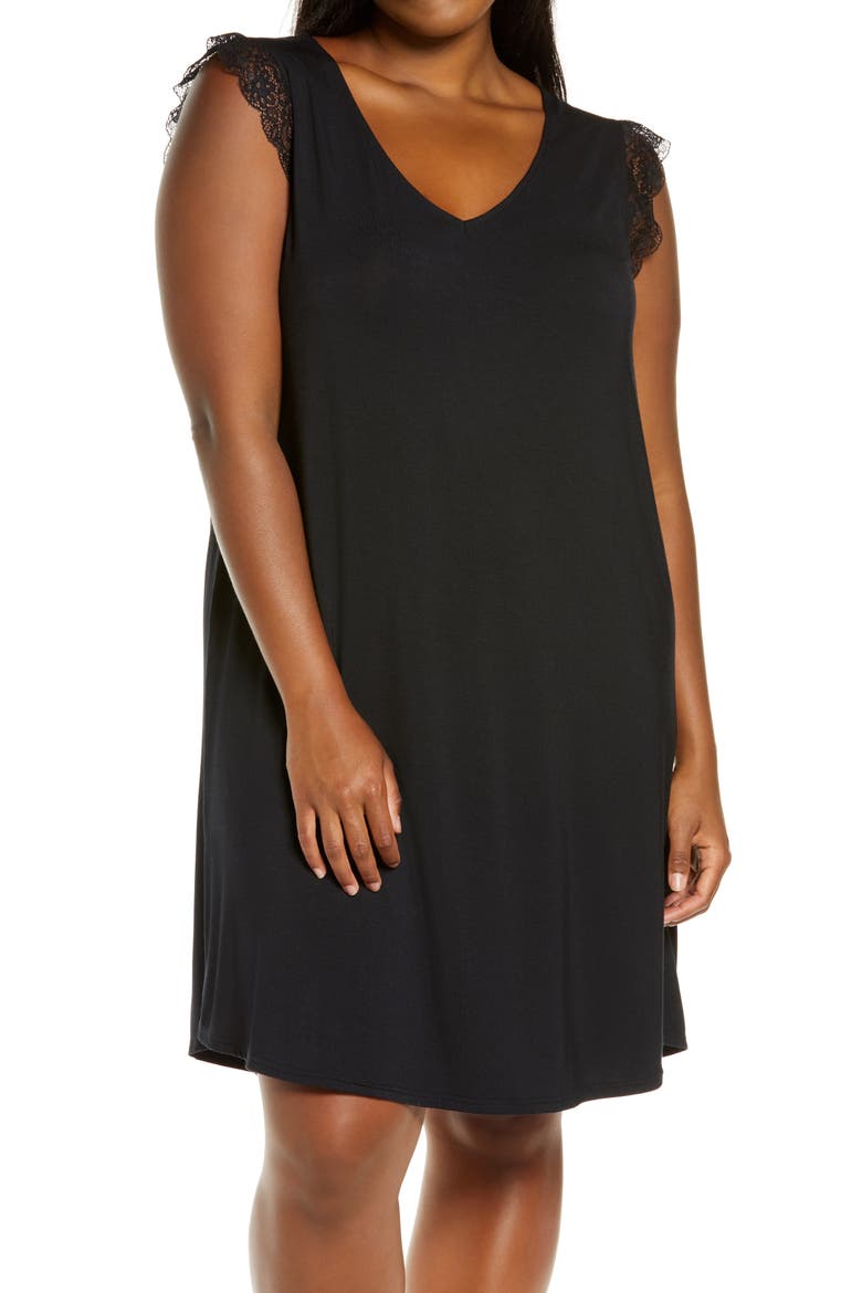 Moonlight Lace Trim Nightgown, Main, color, BLACK