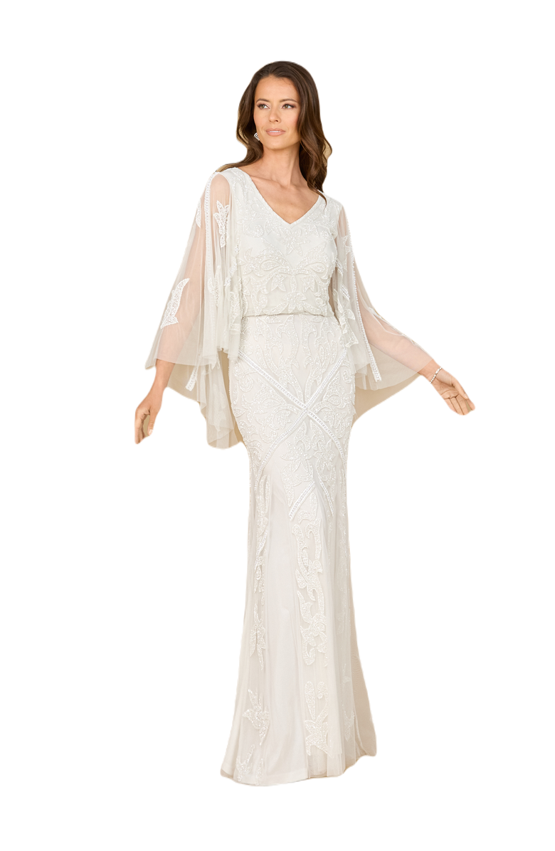 LARA New York Beaded Cape Sleeve Wedding Dress, Main, color, 
