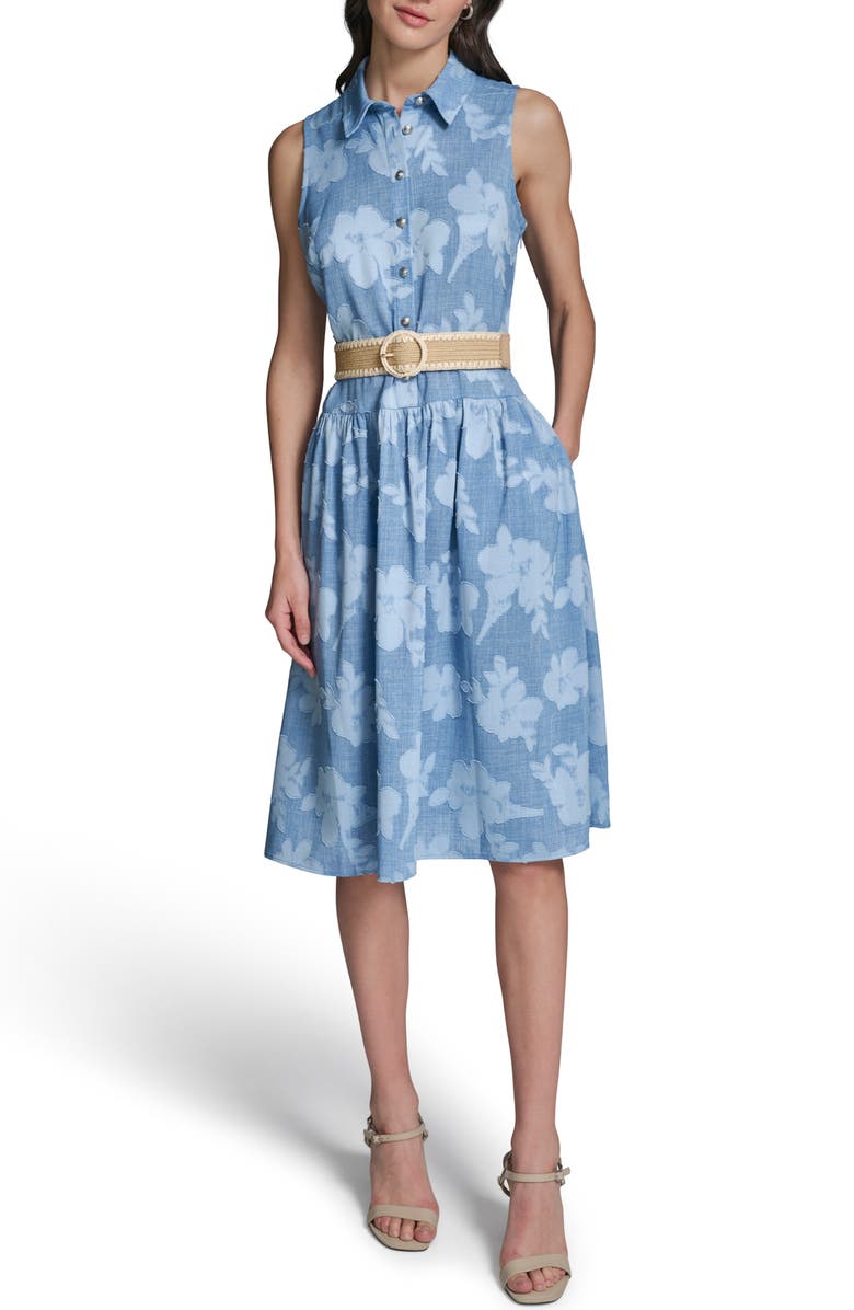 KARL LAGERFELD PARIS Flora Sleeveless Denim Midi Dress, Main, color, Medium Wash