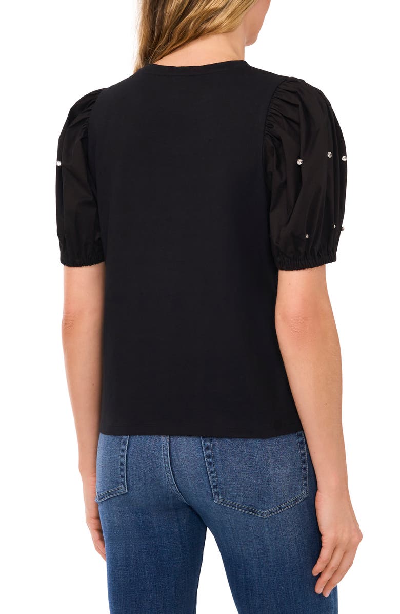 CeCe Embellished Puff Sleeve Mixed Media Top, Alternate, color,