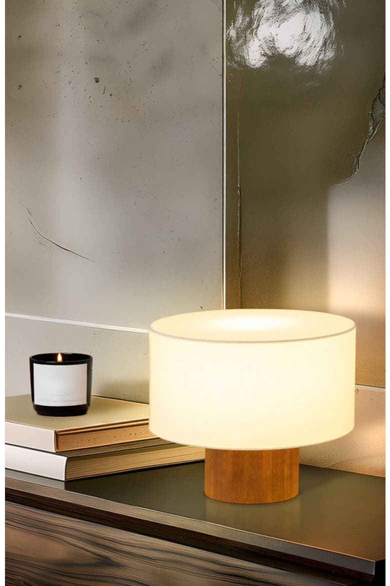 Oliver 10" LED Desk Lamp with Wood Accent and White Cotton Drum Shade, Bulb Included, Alternate, color, Walnut
