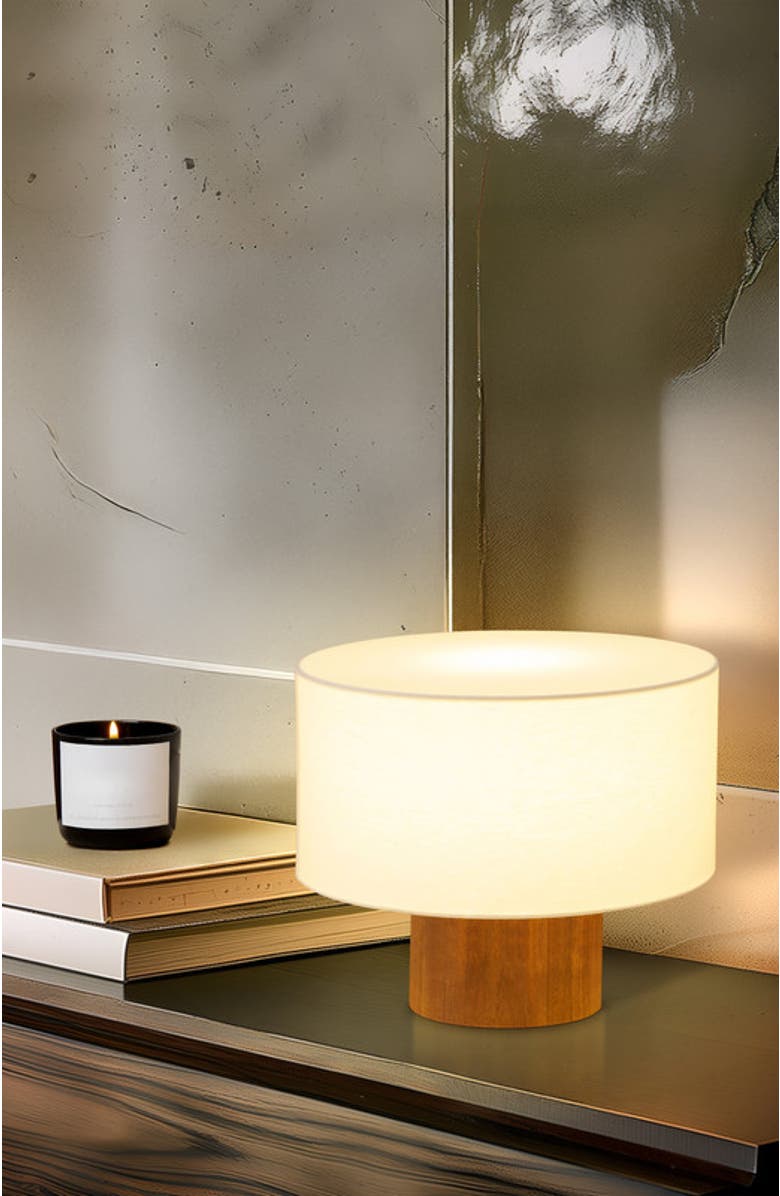 Brightech Oliver 10" LED Desk Lamp with Wood Accent and White Cotton Drum Shade, Bulb Included, Alternate, color, Walnut