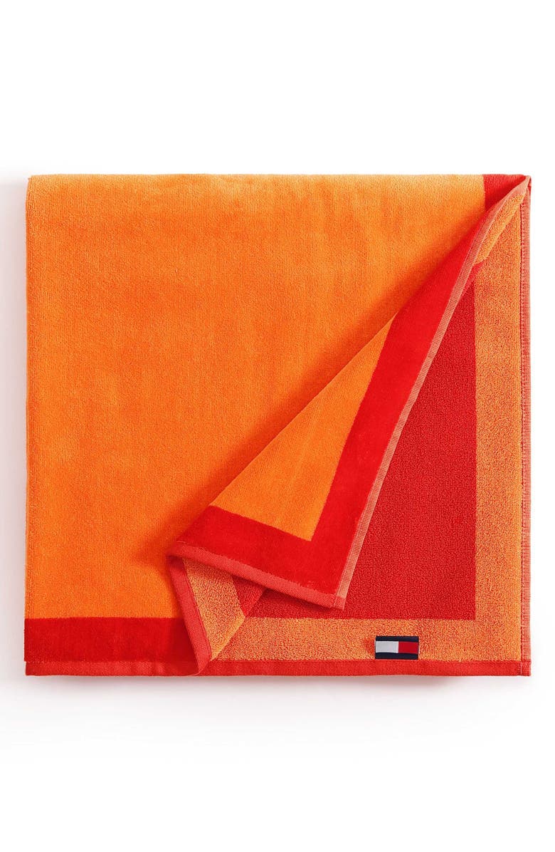 Tommy Hilfiger Colorblock Monogram Beach Towel, Main, color, Orange/ Cherry