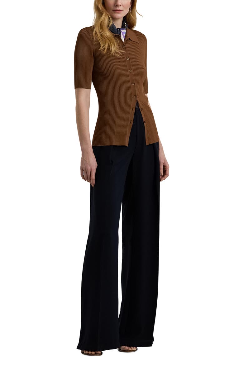 Rib Knit Elbow Sleeve Polo Cardigan, Alternate, color, DARK TERRACOTTA