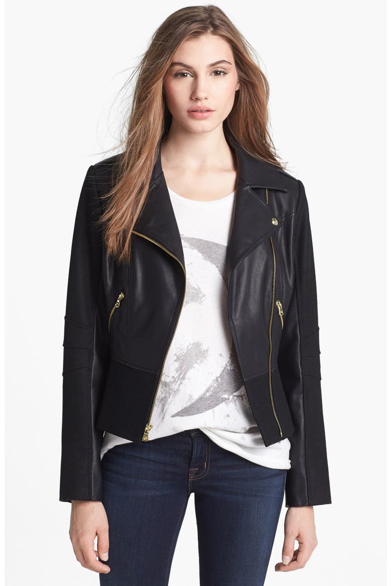 Faux Leather & Wool Blend Moto Jacket, Main, color, BLACK