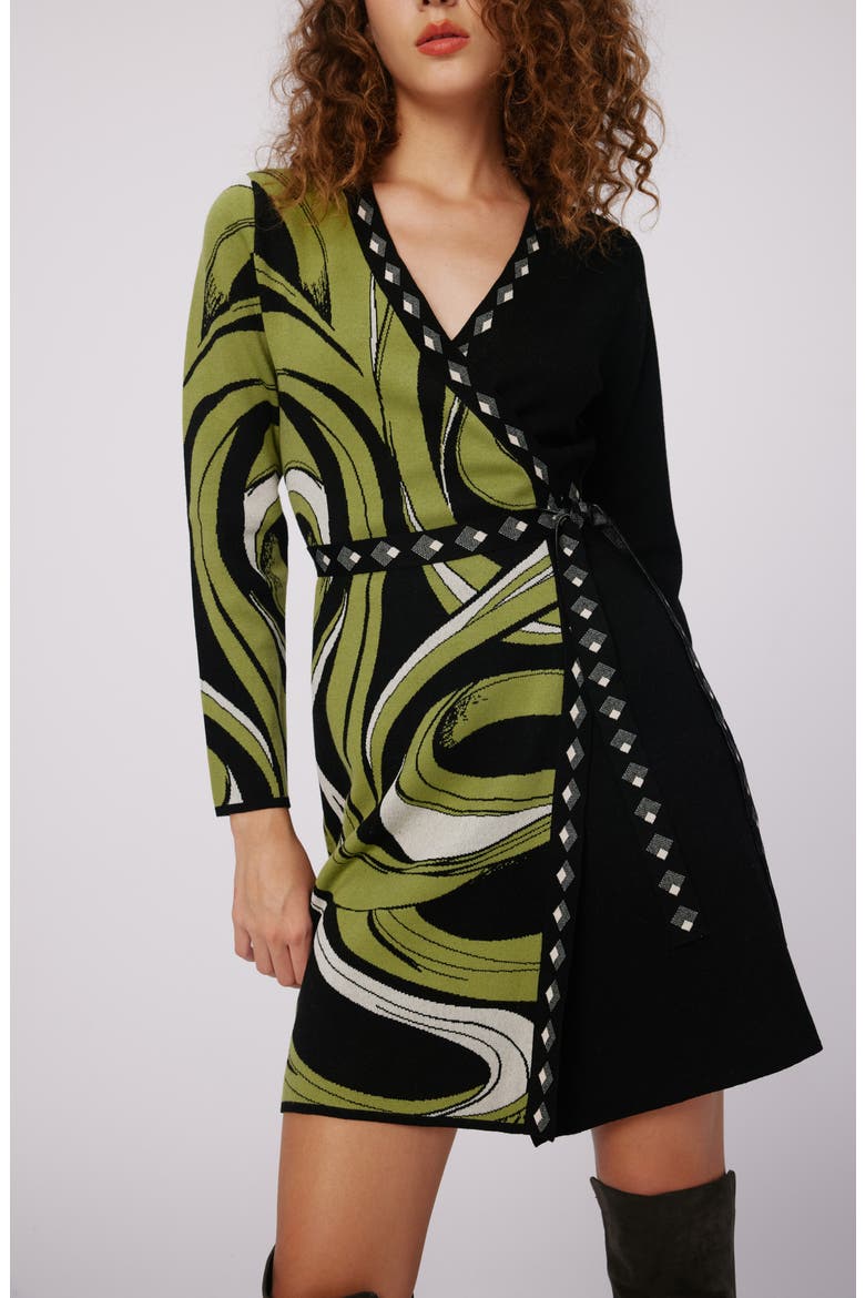 Aubrey Mixed Print Long Sleeve Knit Wrap Dress, Alternate, color, CASS TAPE SHADOW GN HUGE/BLK