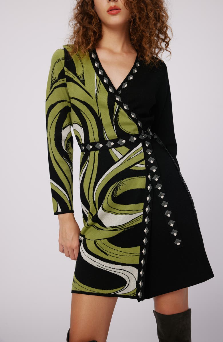 DVF Aubrey Mixed Print Long Sleeve Knit Wrap Dress, Alternate, color,