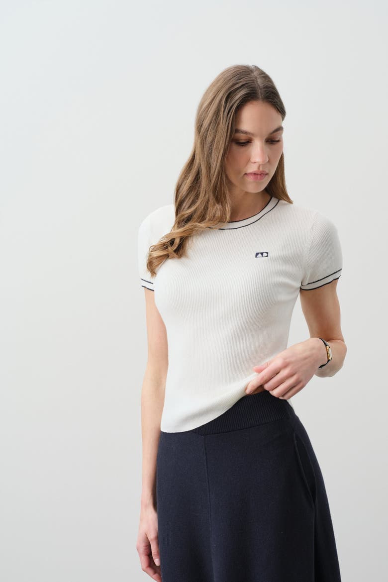 Victoria Cotton Cashmere Baby Tee, Alternate, color, ECRU/NAVY
