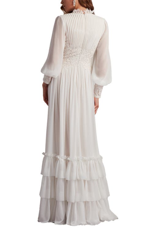 Tadashi Shoji Ruffle Pleated Long Sleeve Chiffon Gown In Gray