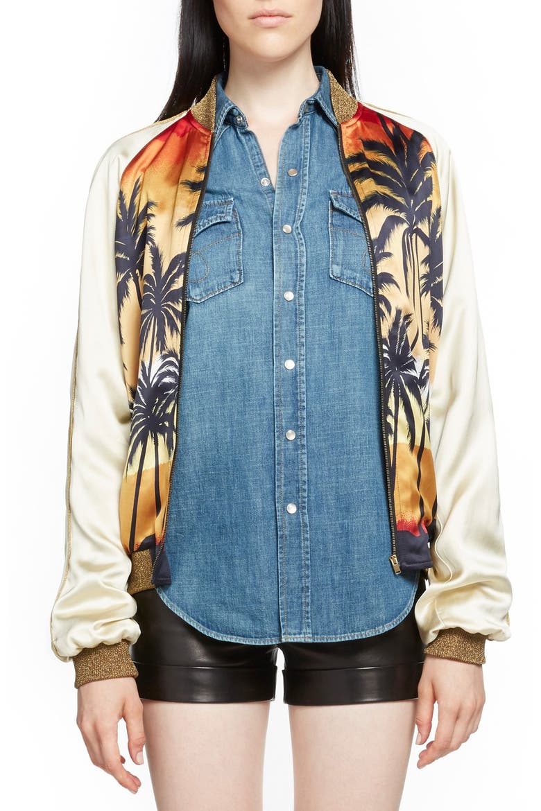 Palm Print Raglan Bomber Jacket, Main, color, RED/ BLACK/ YELLOW
