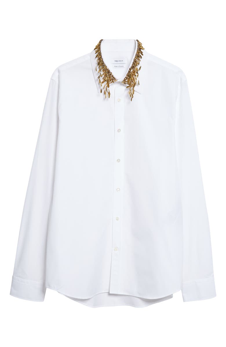 McQueen Gold Leaves & Crystal Embroidered Collar Cotton Poplin Button-Up Shirt, Main, color, White