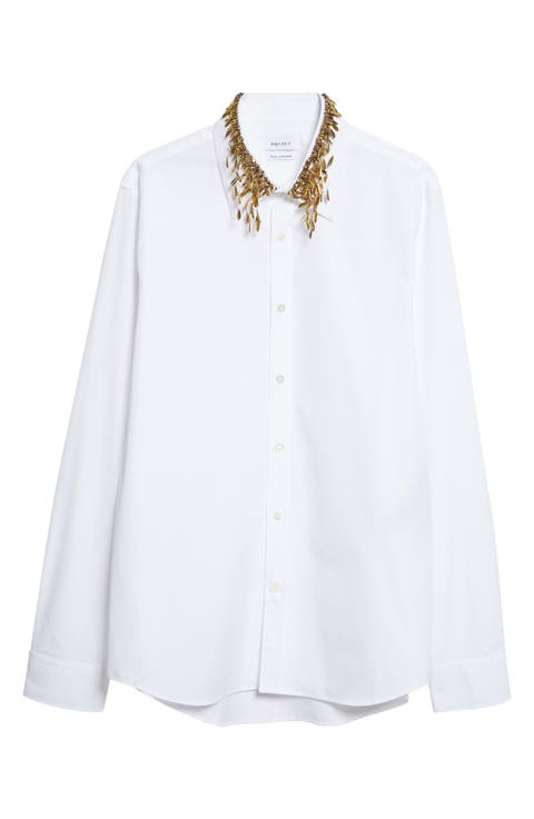 Gold Leaves & Crystal Embroidered Collar Cotton Poplin Button-Up Shirt