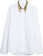 McQueen Gold Leaves & Crystal Embroidered Collar Cotton Poplin Button-Up Shirt