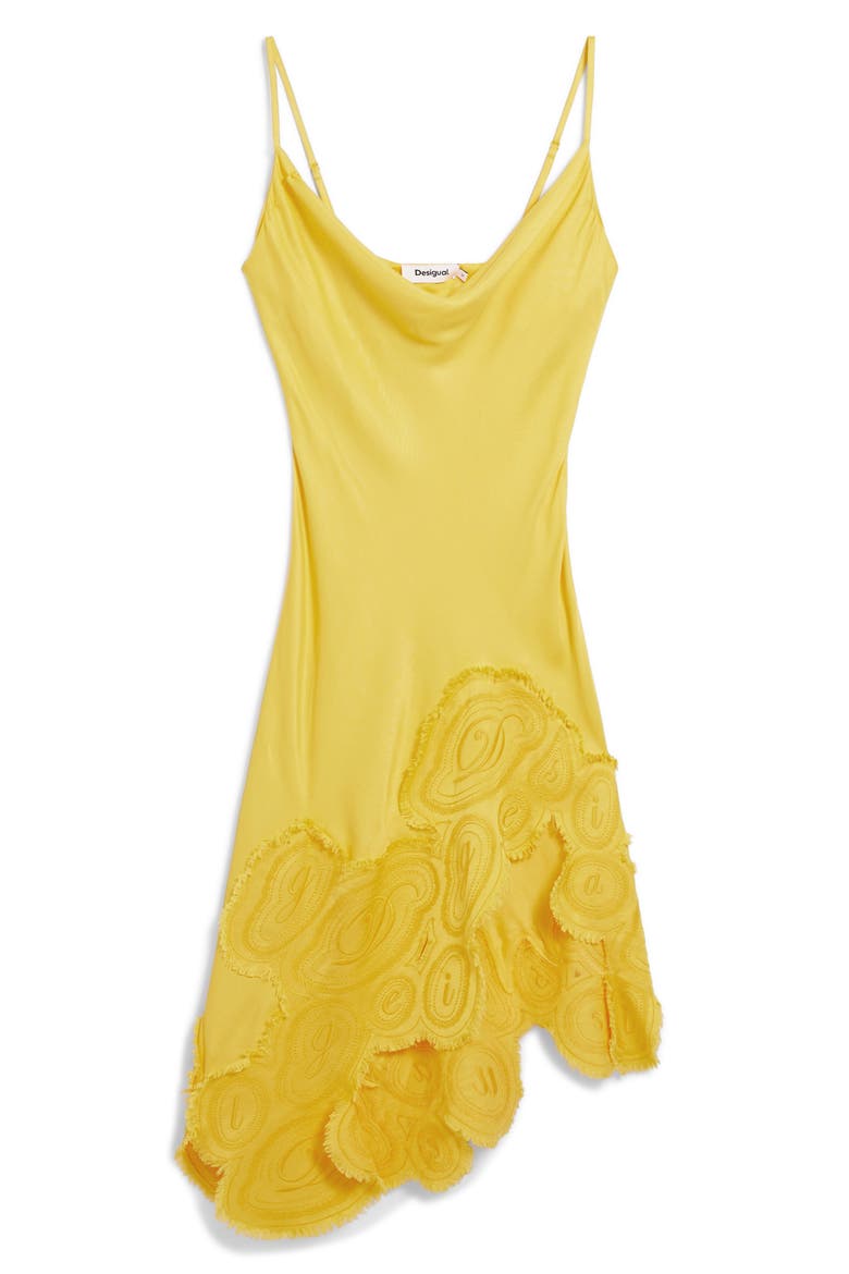 Embroidered Asymmetric Hem Satin Slipdress, Alternate, color, YELLOW