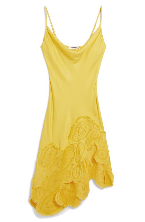 Desigual Embroidered Asymmetric Hem Satin Slipdress In Yellow