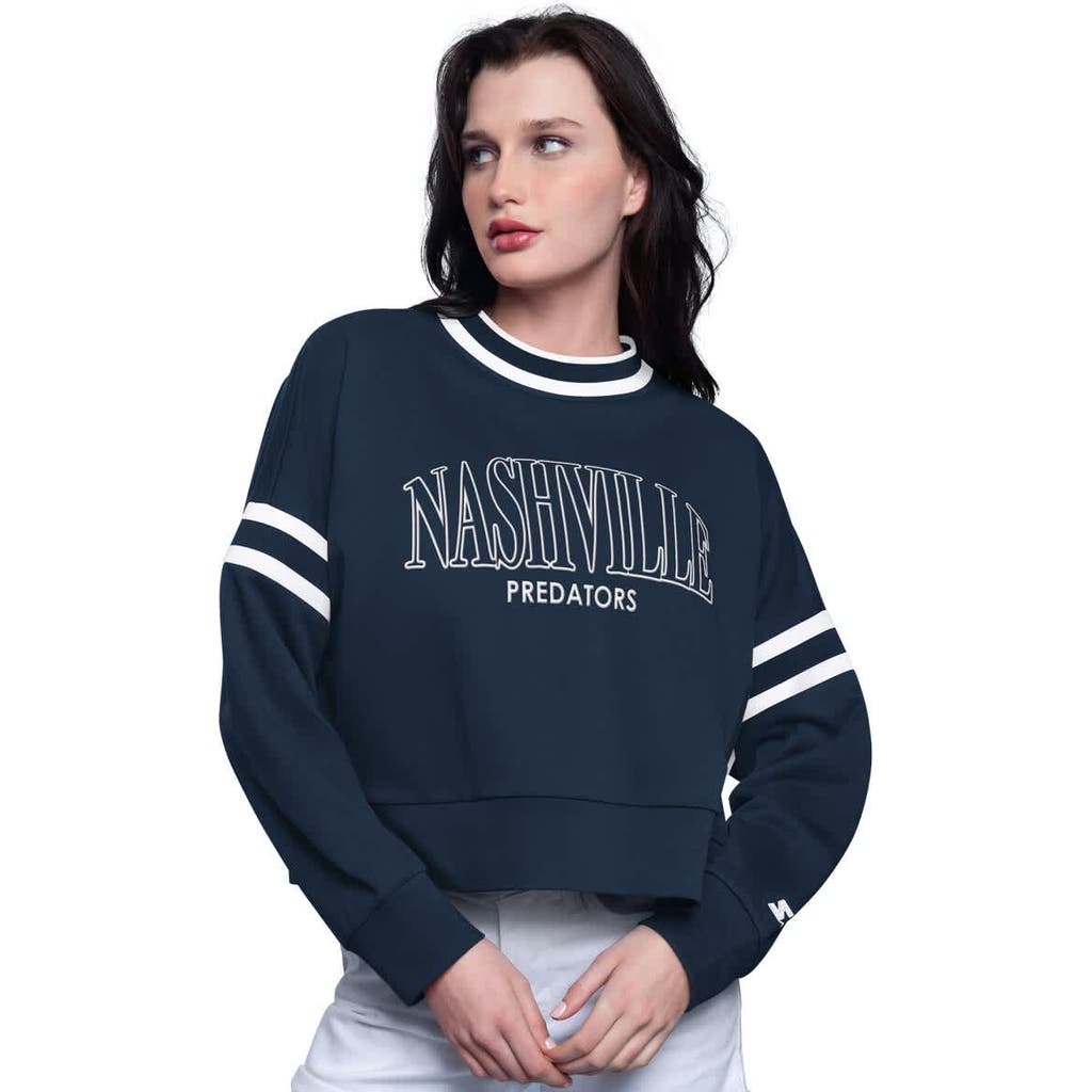 Starter Women's Navy New York Yankees Power Play Cropped Pullover Sweatshirt In Blue