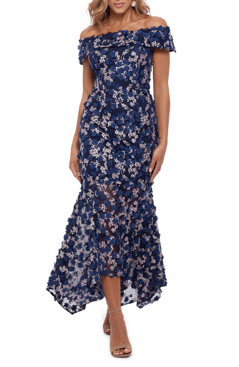 Xscape Evenings Xscape Raised Flower Off the Shoulder Flounce Midi Gown, Main, color,