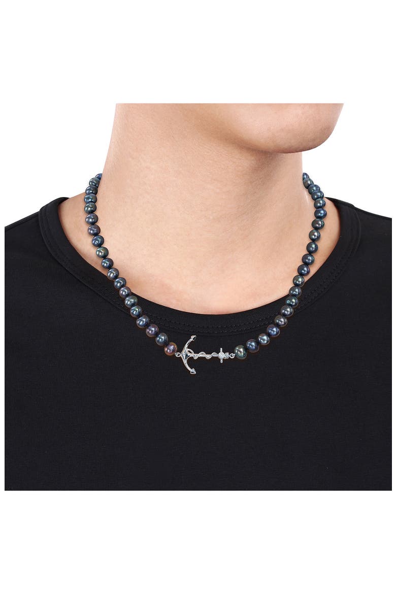 Men's Cultured Freshwater Pearl Black Diamond Crown Pendant Necklace - 0.36ct., Alternate, color, BLACK